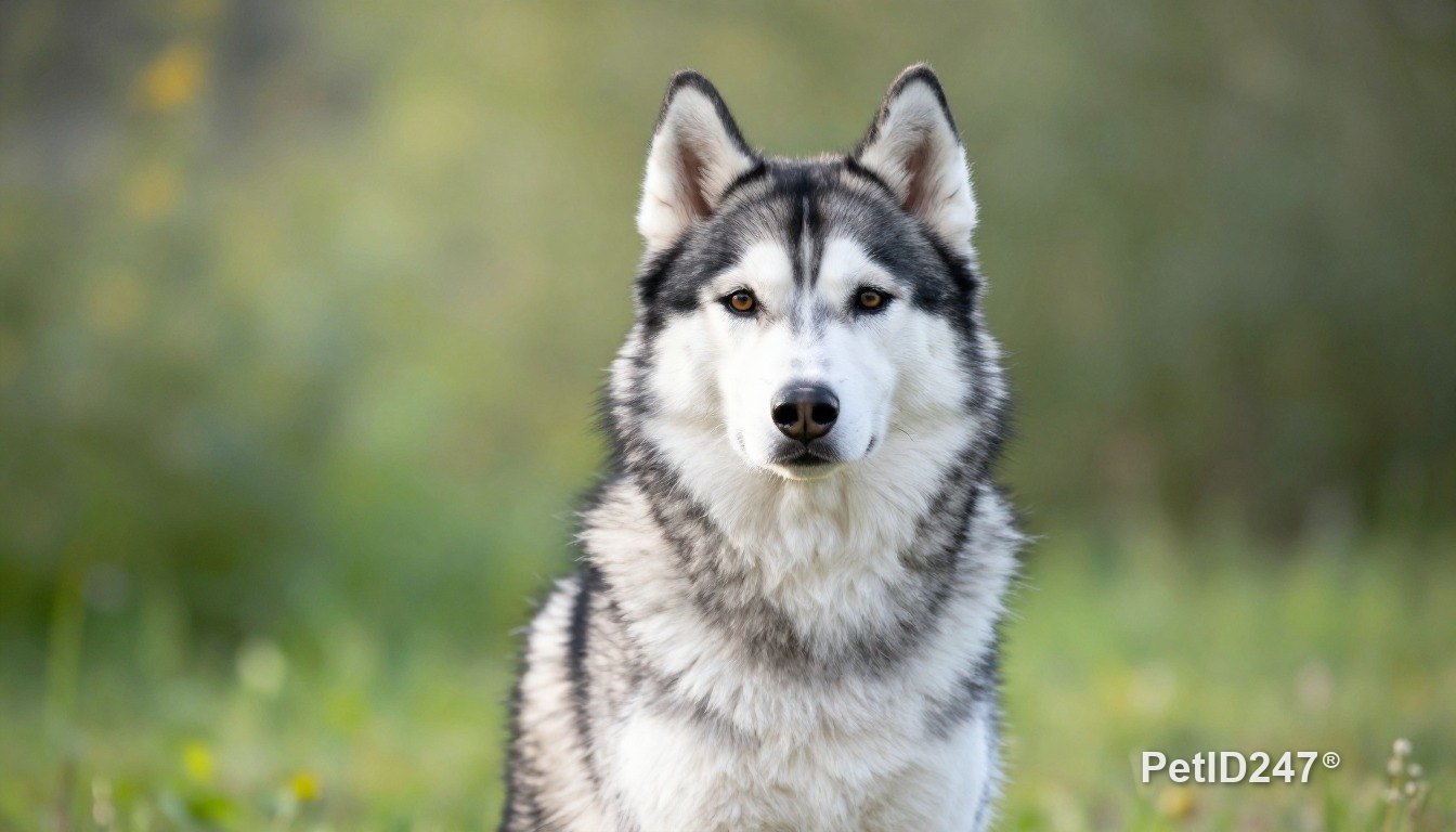Siberian husky sitting, looking at the camera, morning light