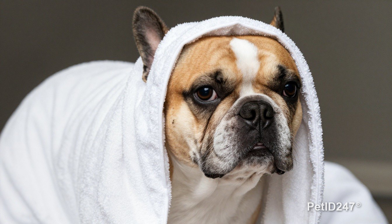 French bulldog in a towel after a bath