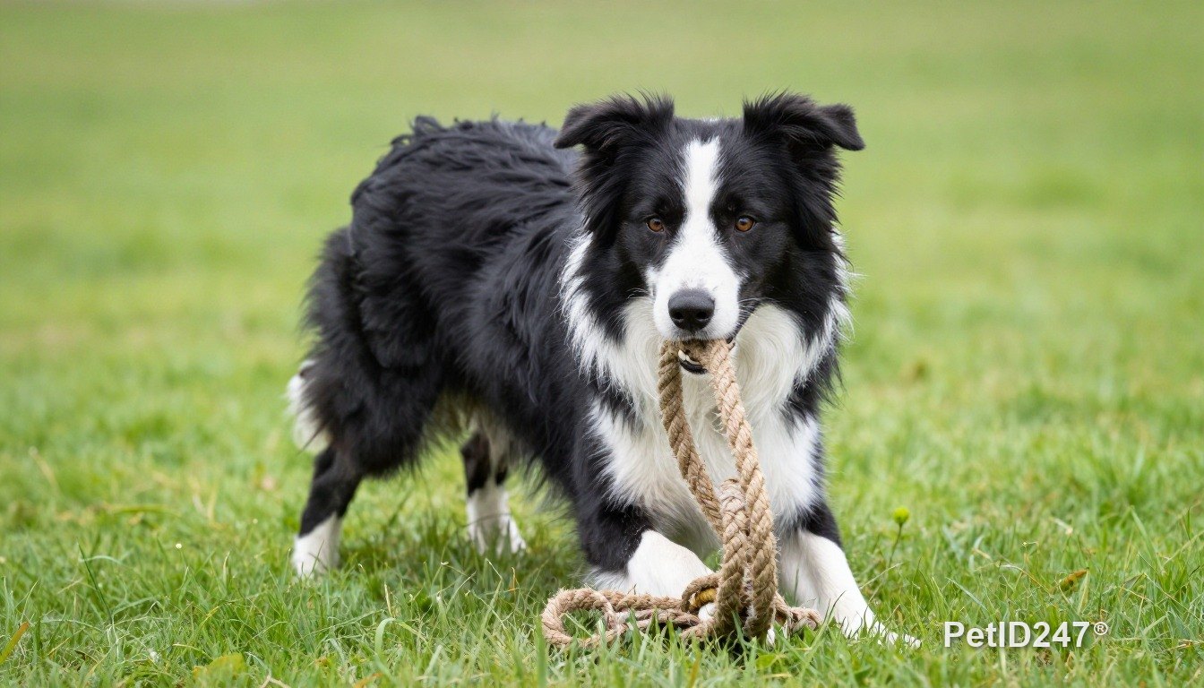 Border collie playing with a rope toy