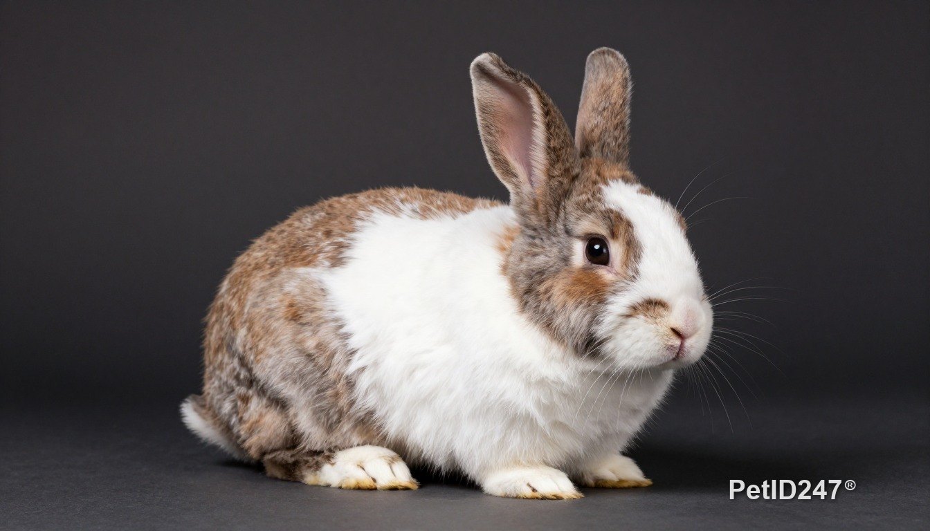 Spotted rabbit in a spacious enclosure, dark background