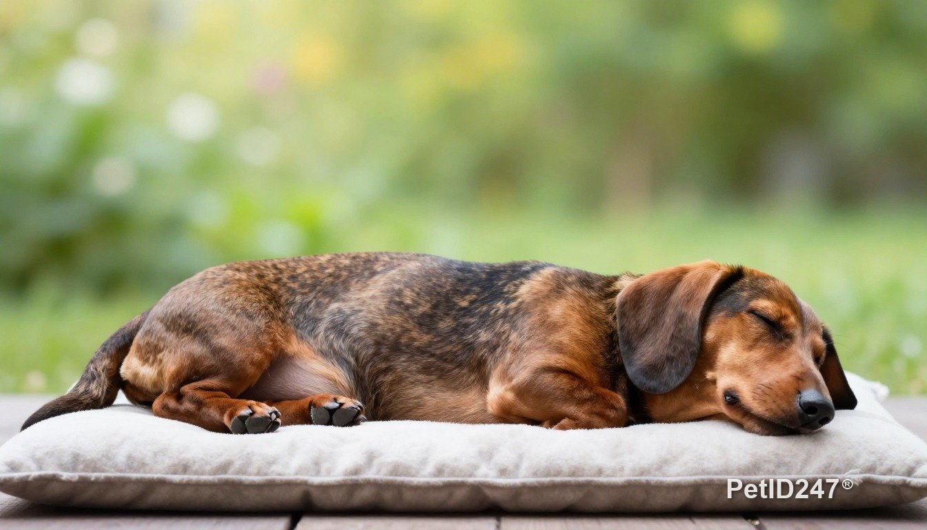 Dachshund sleeping on a cushion, morning light