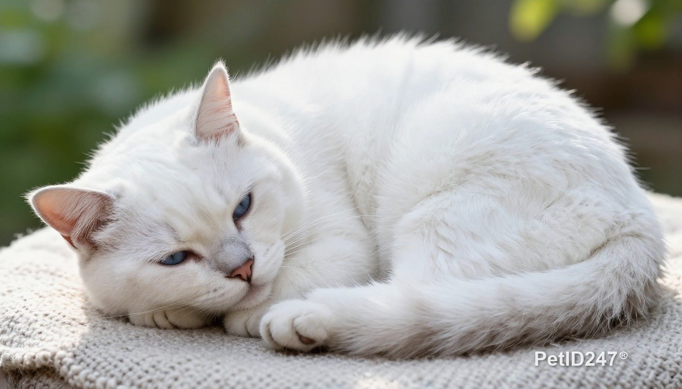 White cat curled up asleep, morning light