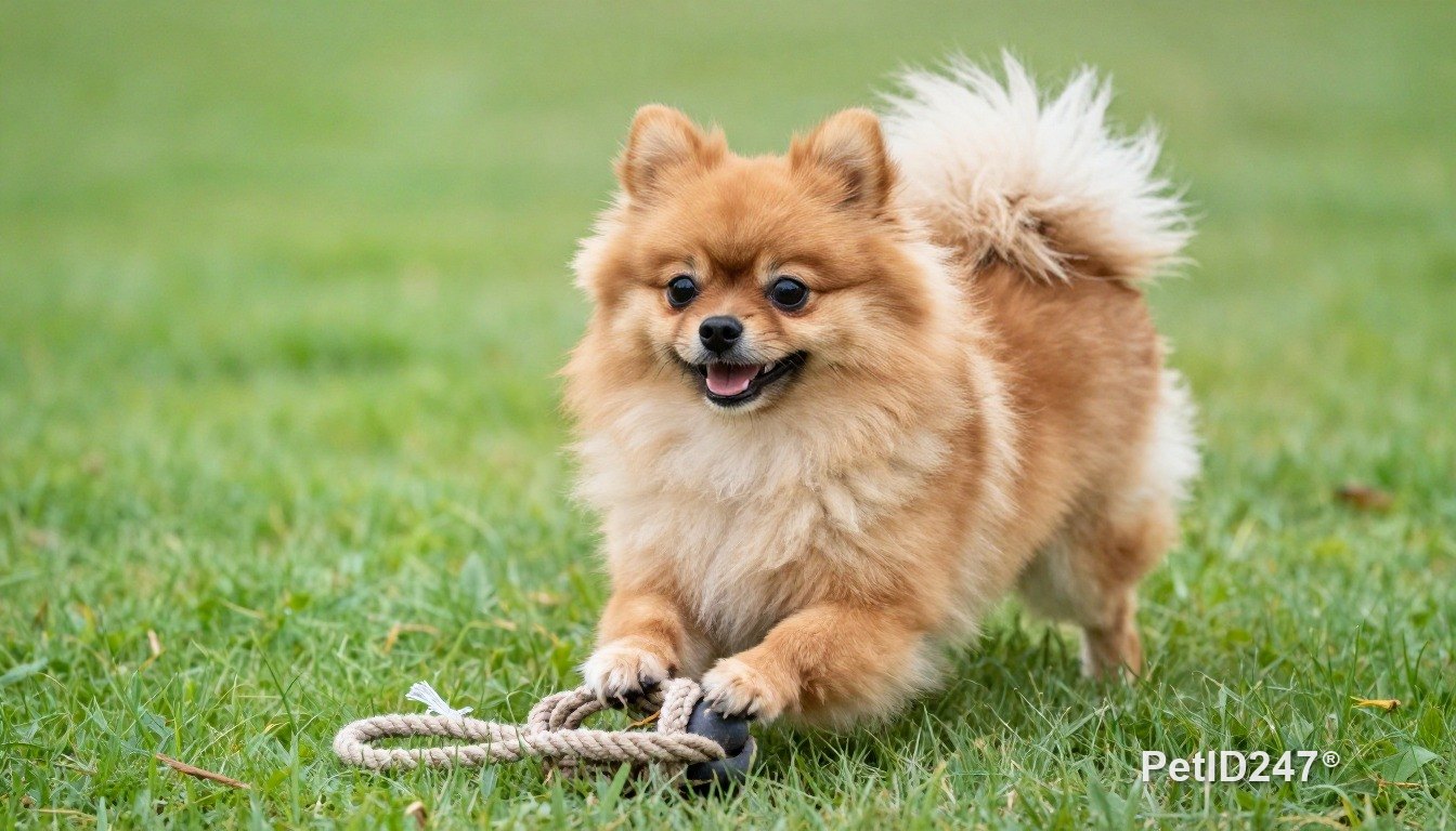 Pomeranian playing with a rope toy