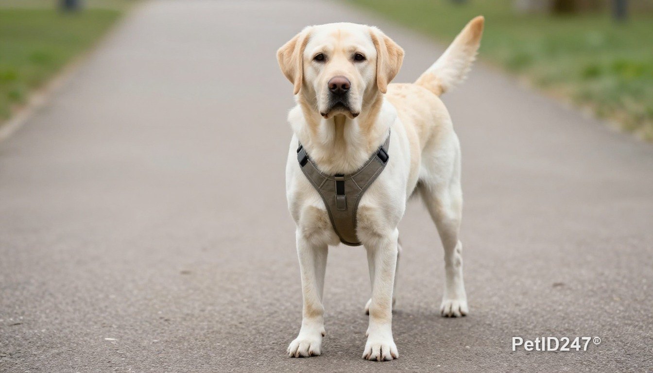 Chó labrador đeo yếm đi dạo