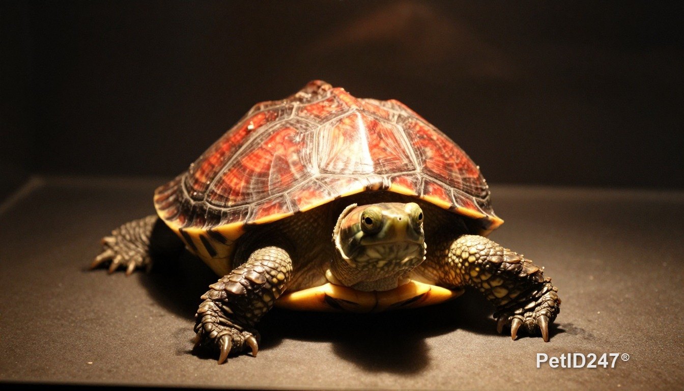 Red-eared slider basking under a lamp, dark background