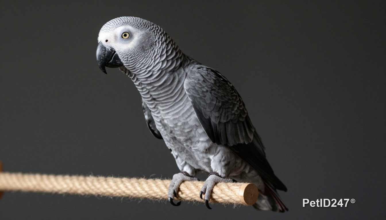 African grey parrot playing on a rope perch, dark background