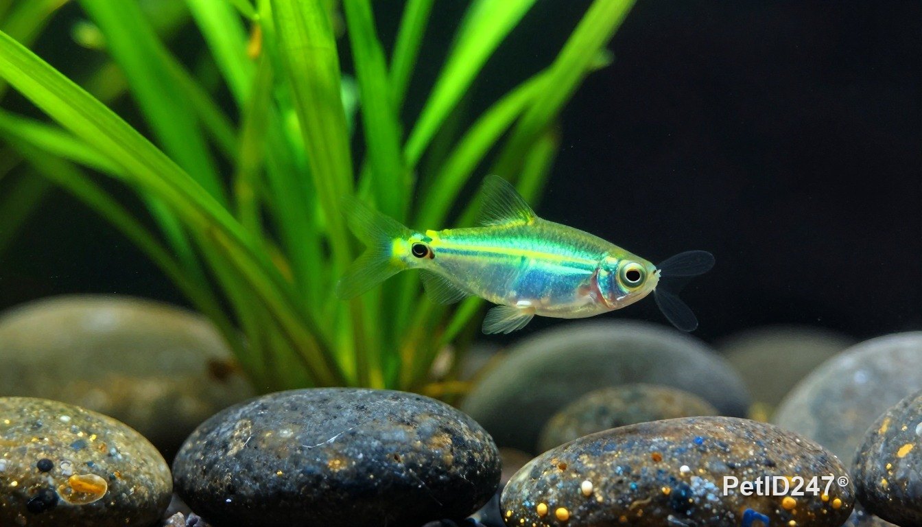 Neon tetra among aquatic plants, dark background
