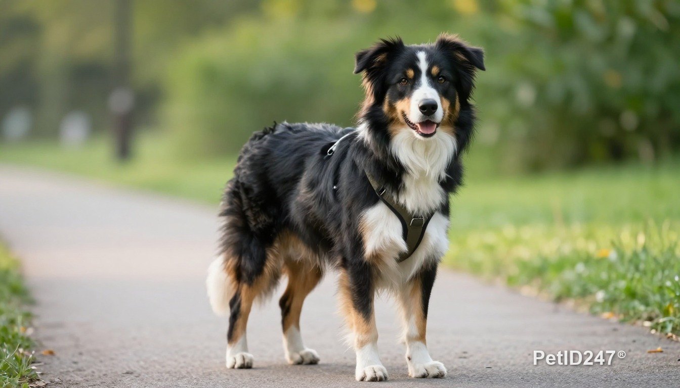 Chó border collie đeo yếm đi dạo, nắng sớm