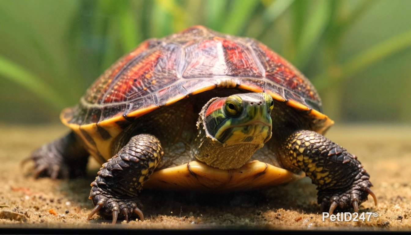 Red-eared slider basking under a lamp, morning light