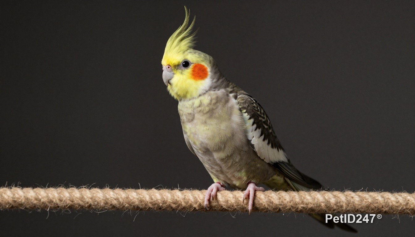 Cockatiel playing on a rope perch, dark background