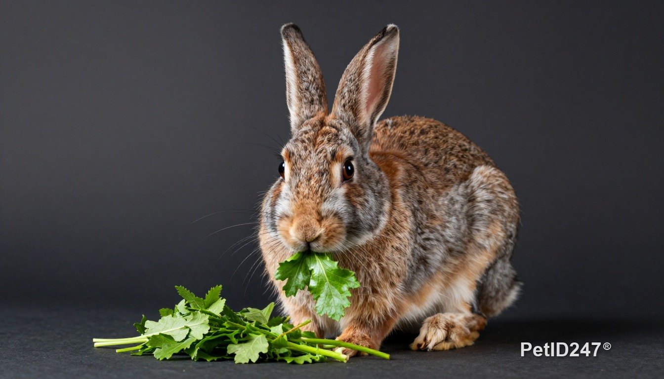 Rabbit eating fresh greens, dark background
