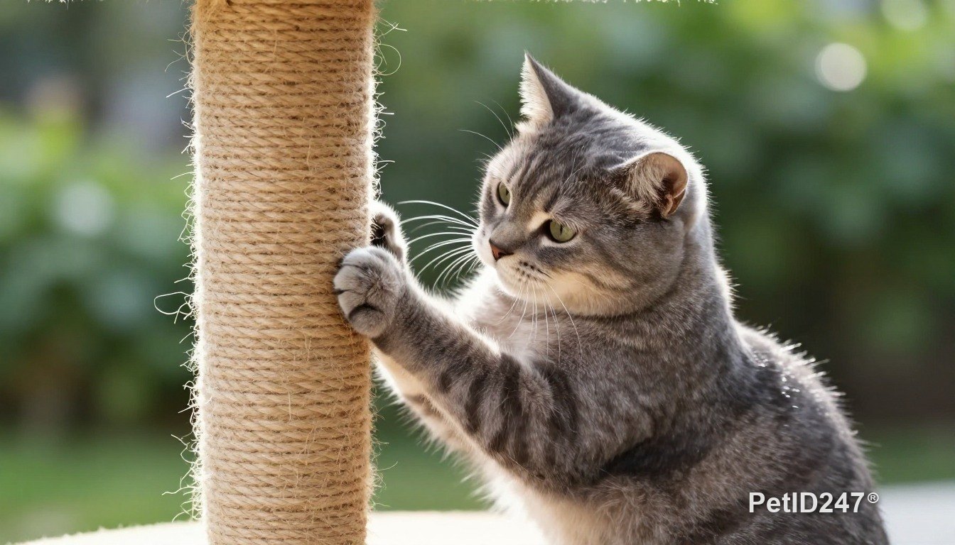 Grey tabby cat using a scratching post, morning light