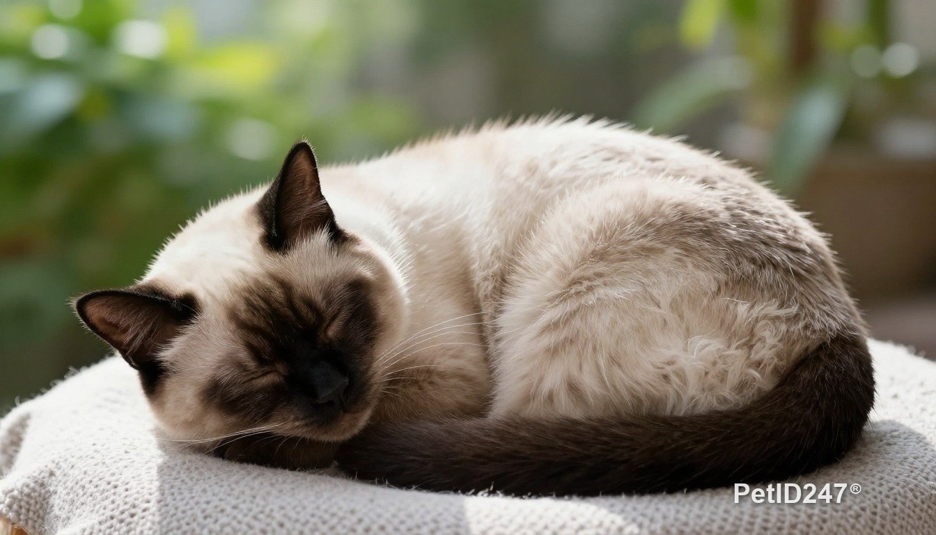 Siamese cat curled up asleep, morning light