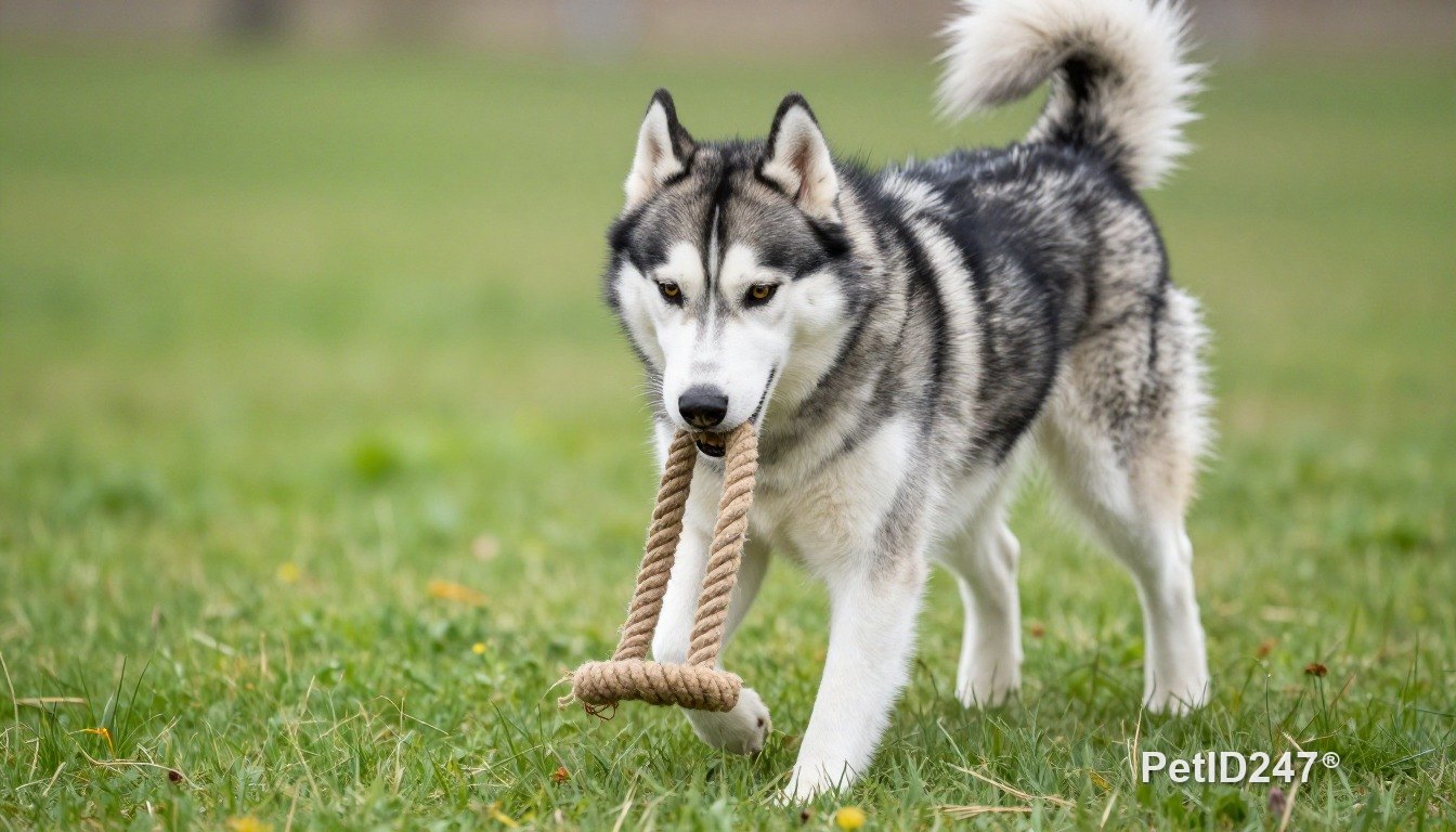 Siberian husky playing with a rope toy