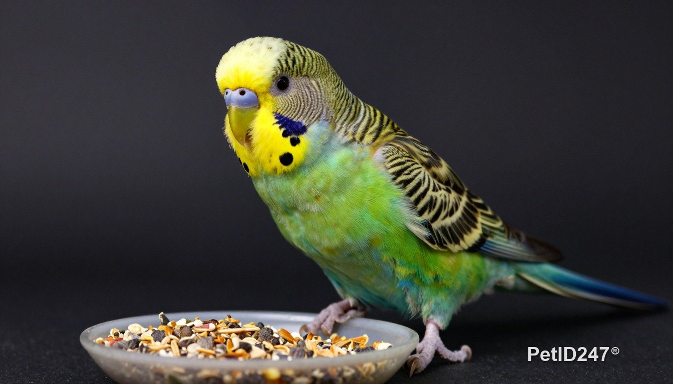Budgerigar eating seeds, dark background