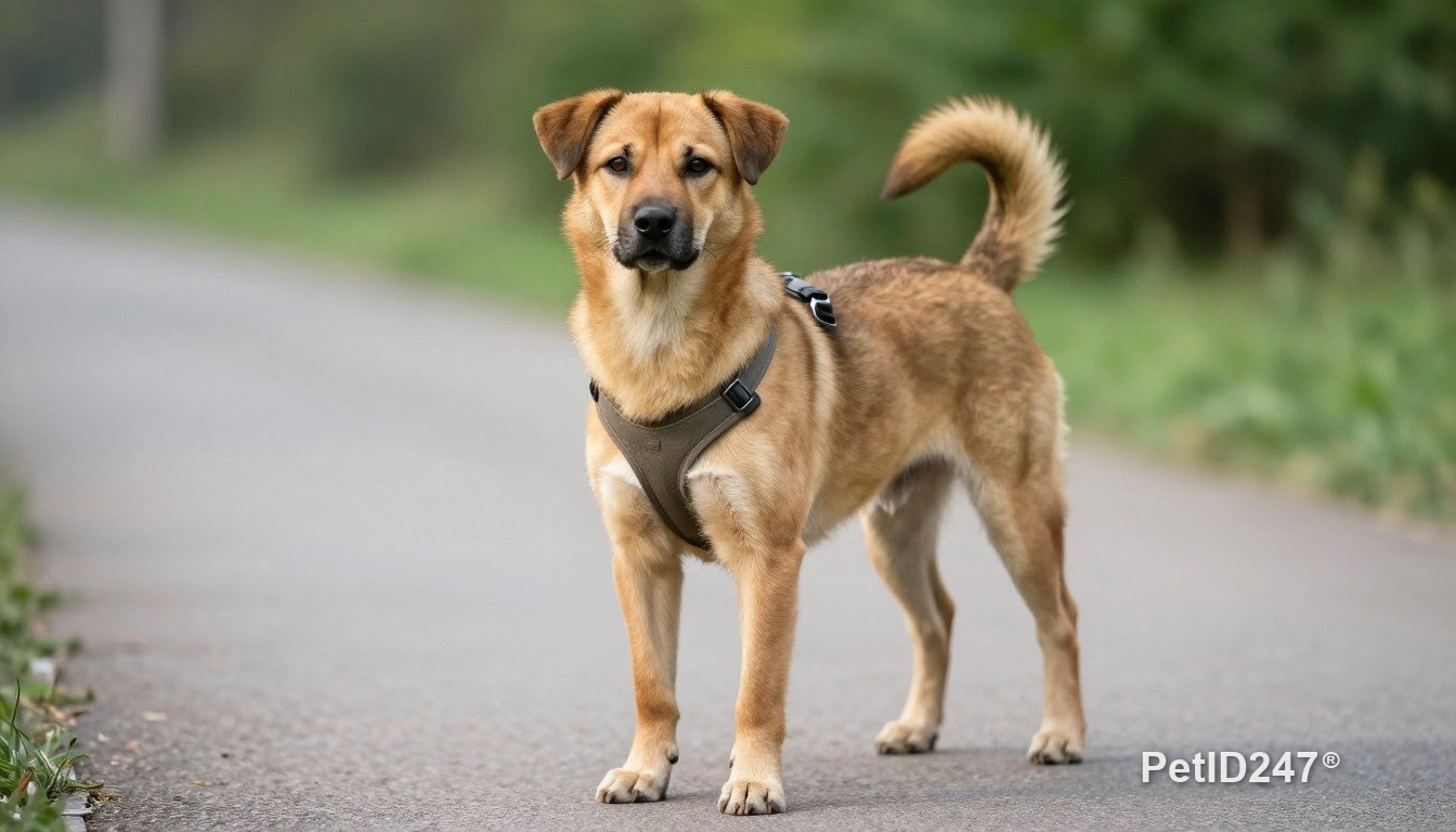 Mixed-breed dog out for a walk in a harness, morning light