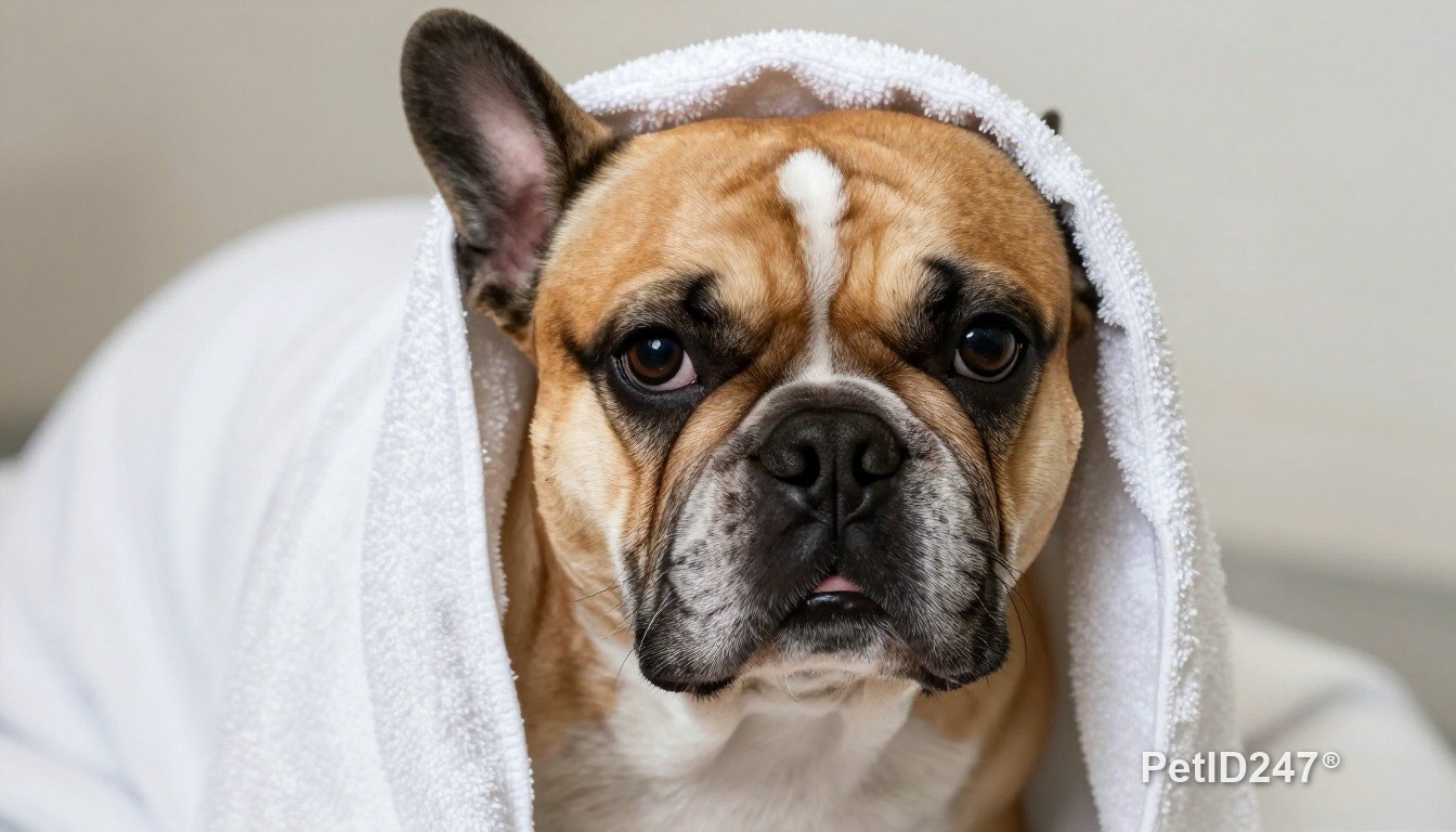 French bulldog in a towel after a bath