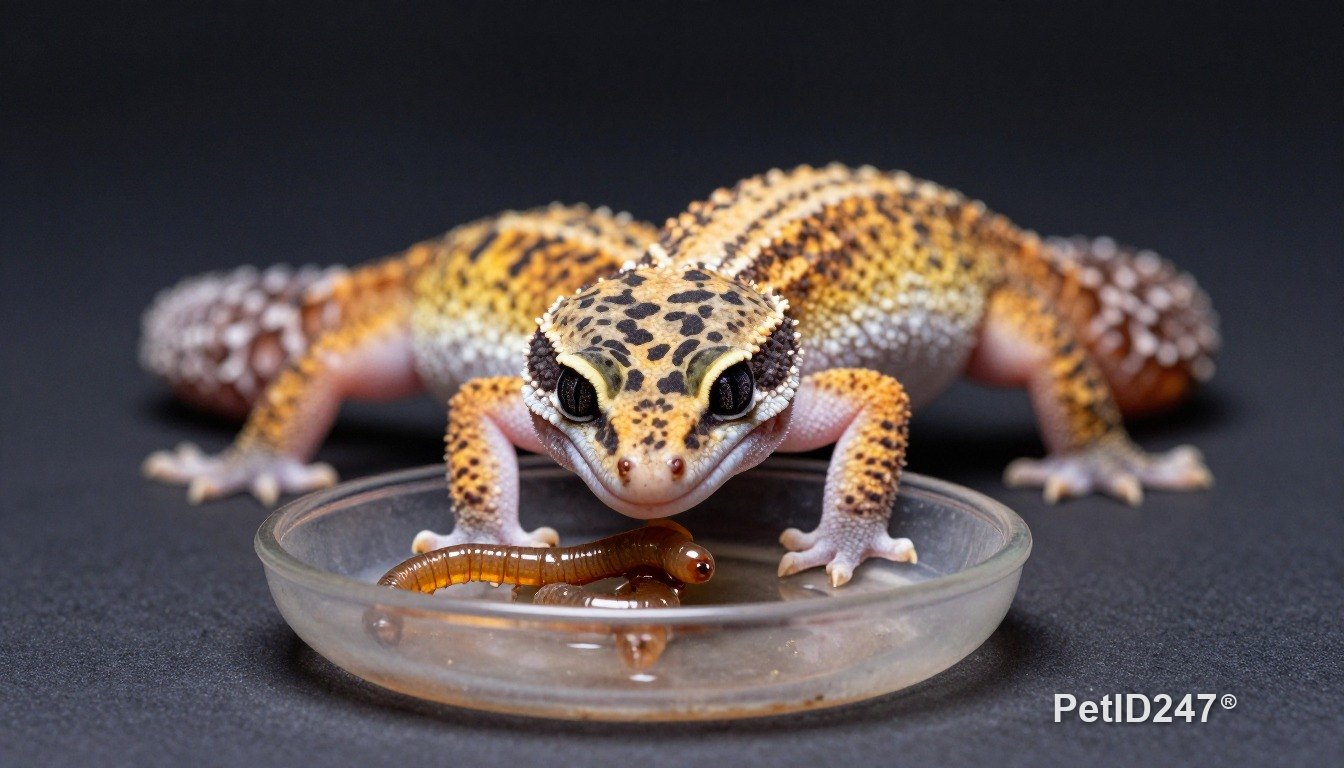 Leopard gecko eating, dark background
