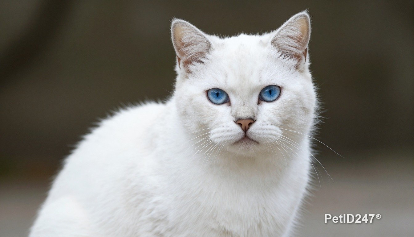 White cat sitting, looking at the camera
