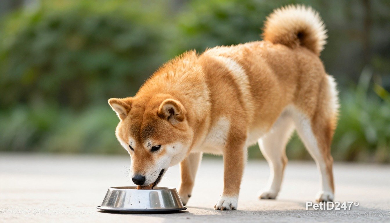 Shiba inu eating from a bowl, morning light