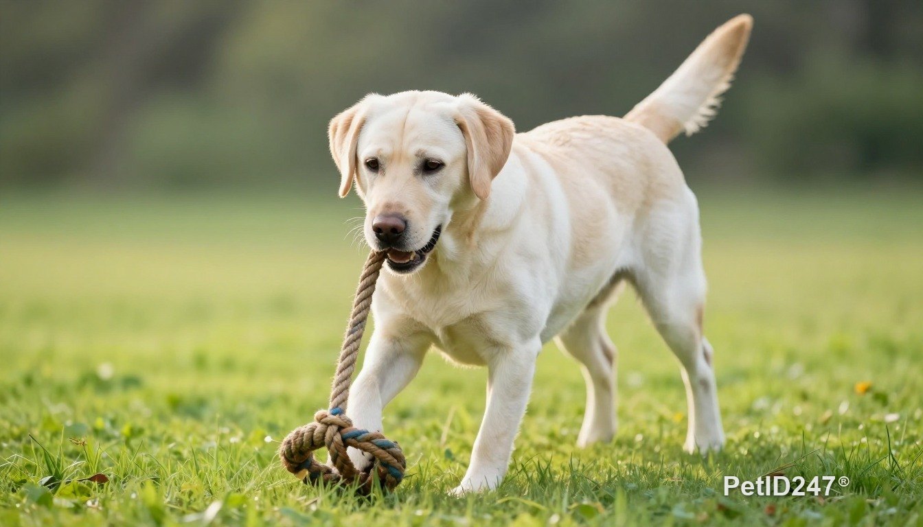 Labrador retriever playing with a rope toy, morning light