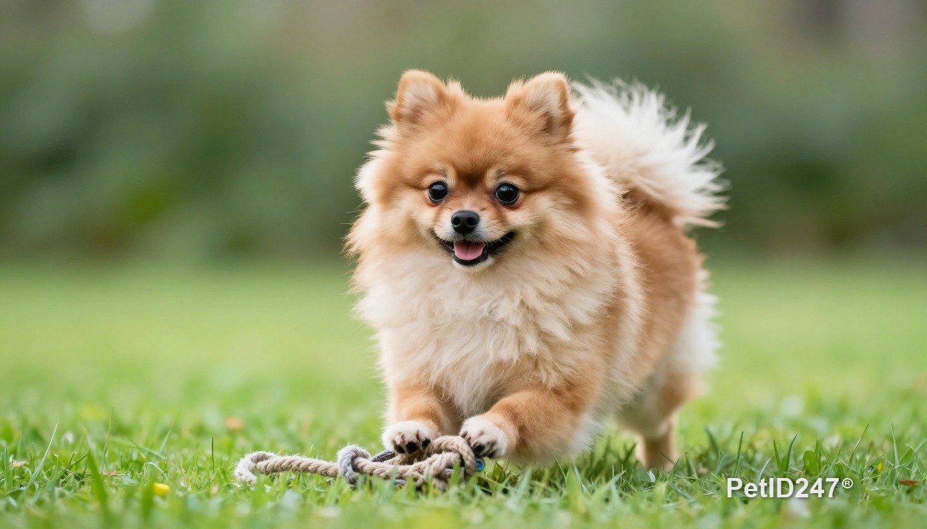 Pomeranian playing with a rope toy, morning light