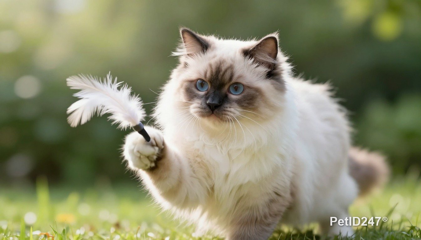 Mèo ragdoll vờn đồ chơi lông vũ, nắng sớm