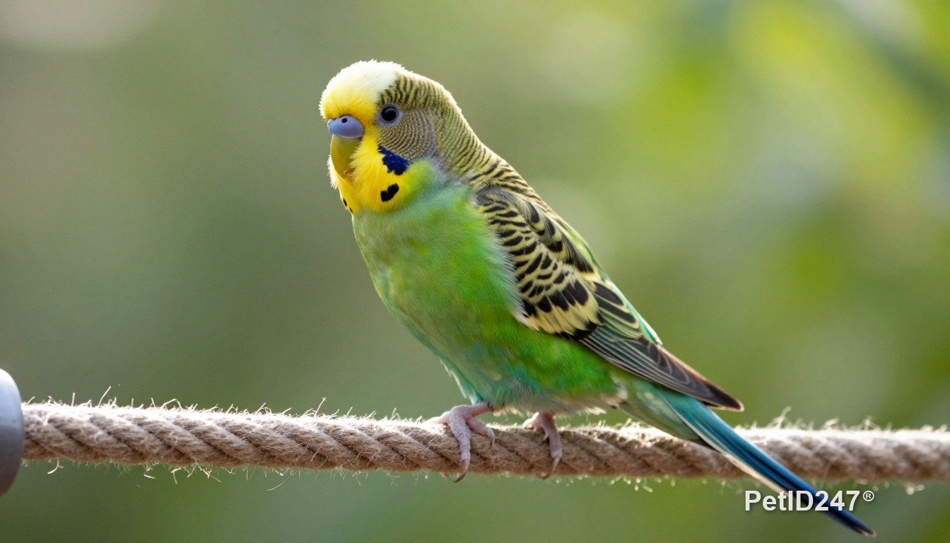 Budgerigar playing on a rope perch, morning light