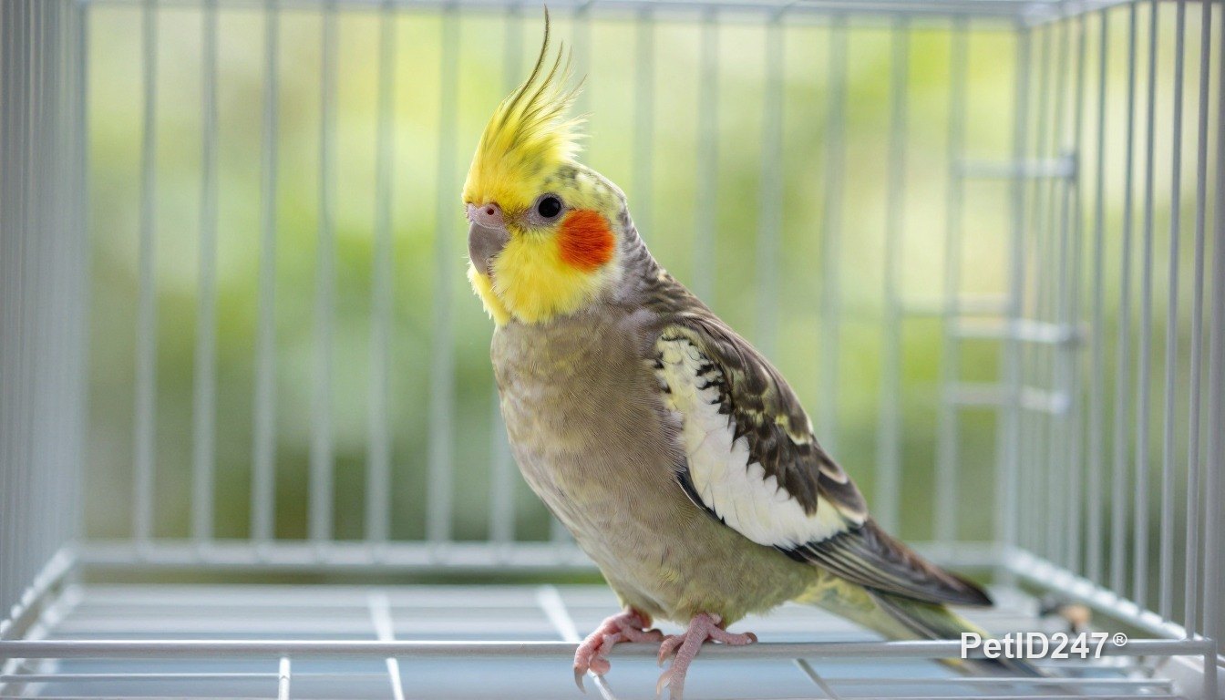 Cockatiel in a large cage, morning light