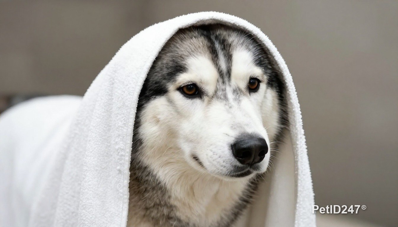 Siberian husky in a towel after a bath