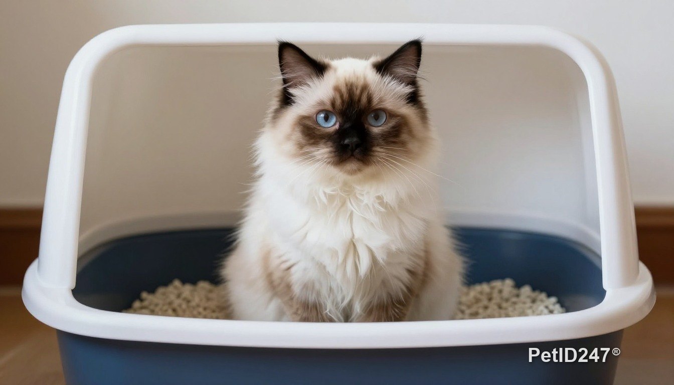 Mèo ragdoll cạnh khay cát