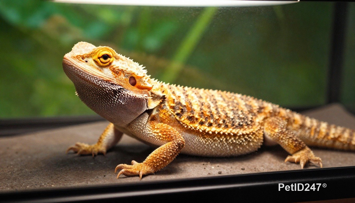 Bearded dragon basking under a lamp, morning light