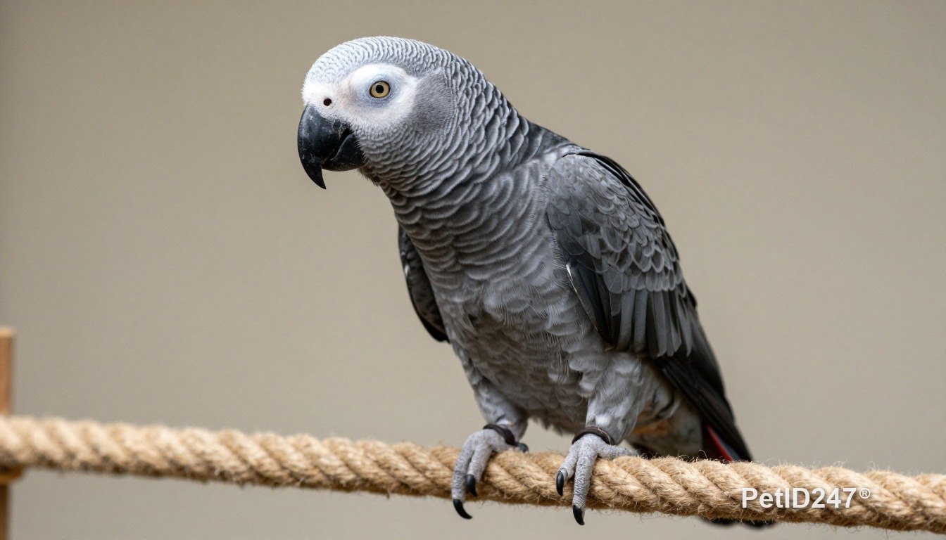 African grey parrot playing on a rope perch