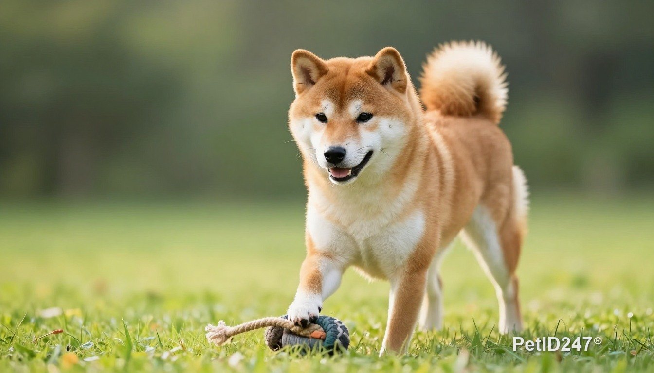 Shiba inu playing with a rope toy, morning light