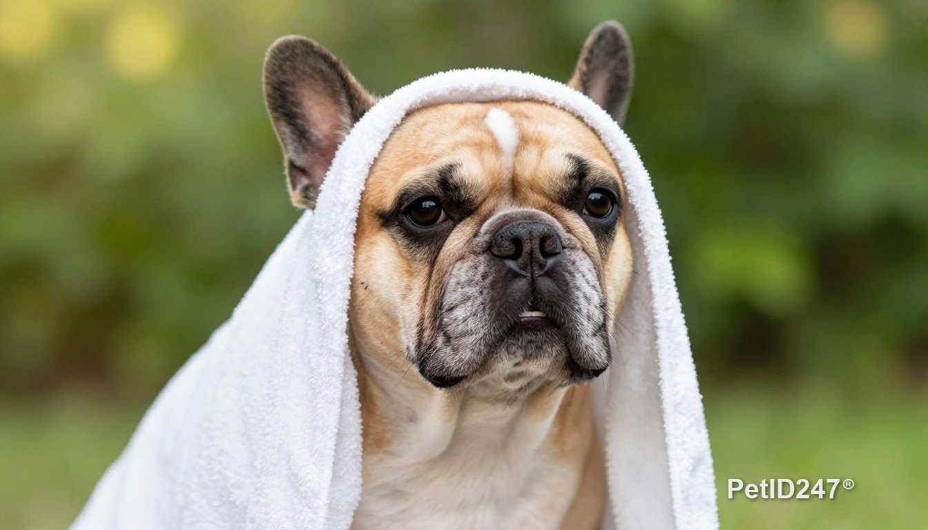 French bulldog in a towel after a bath, morning light