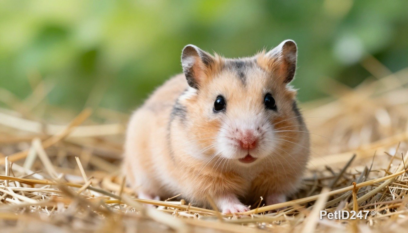Syrian hamster resting on hay, morning light