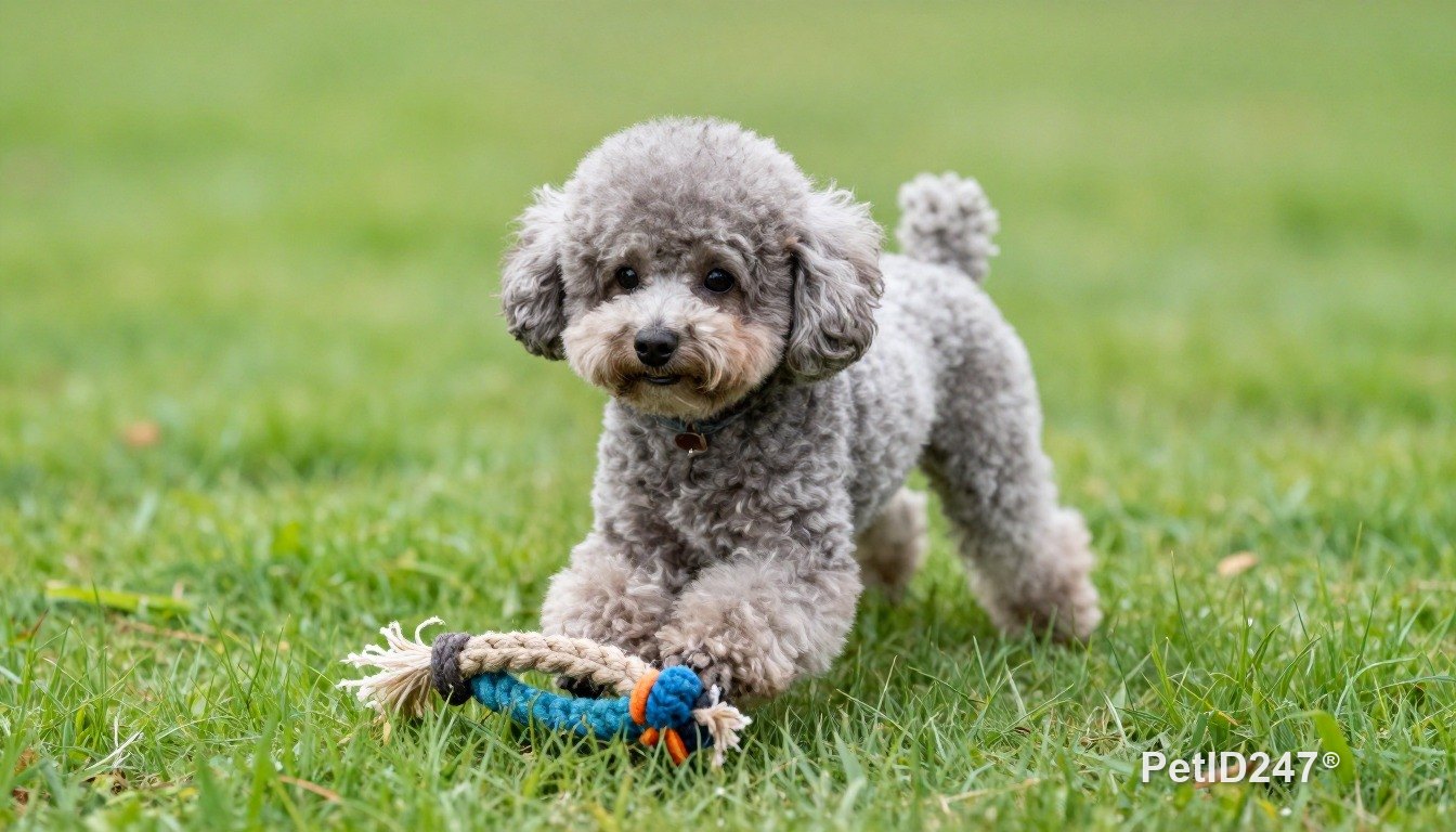 Toy poodle playing with a rope toy