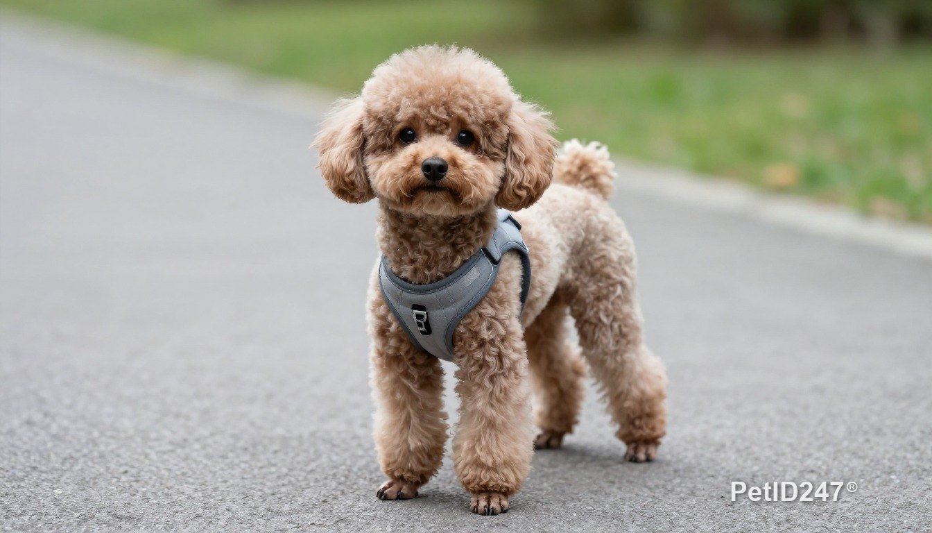 Toy poodle out for a walk in a harness