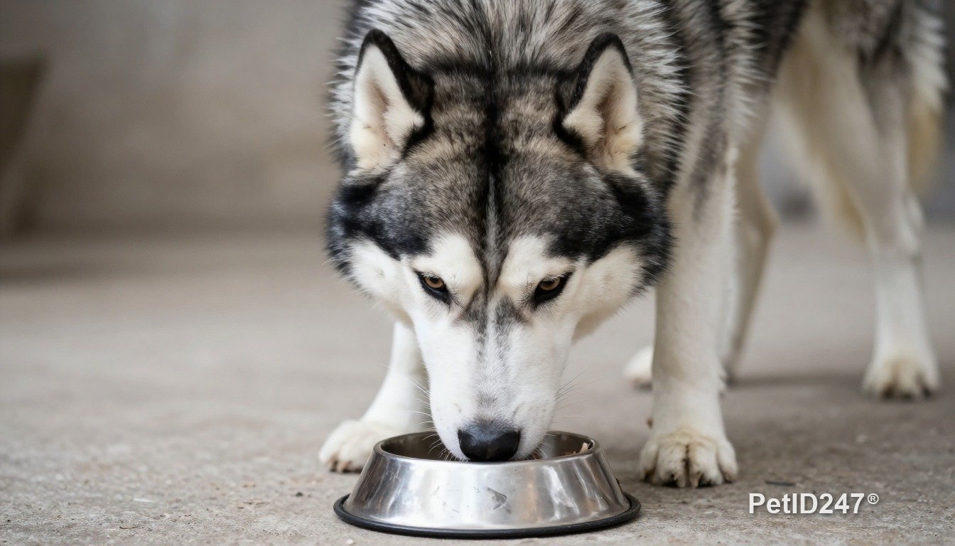 Siberian husky eating from a bowl