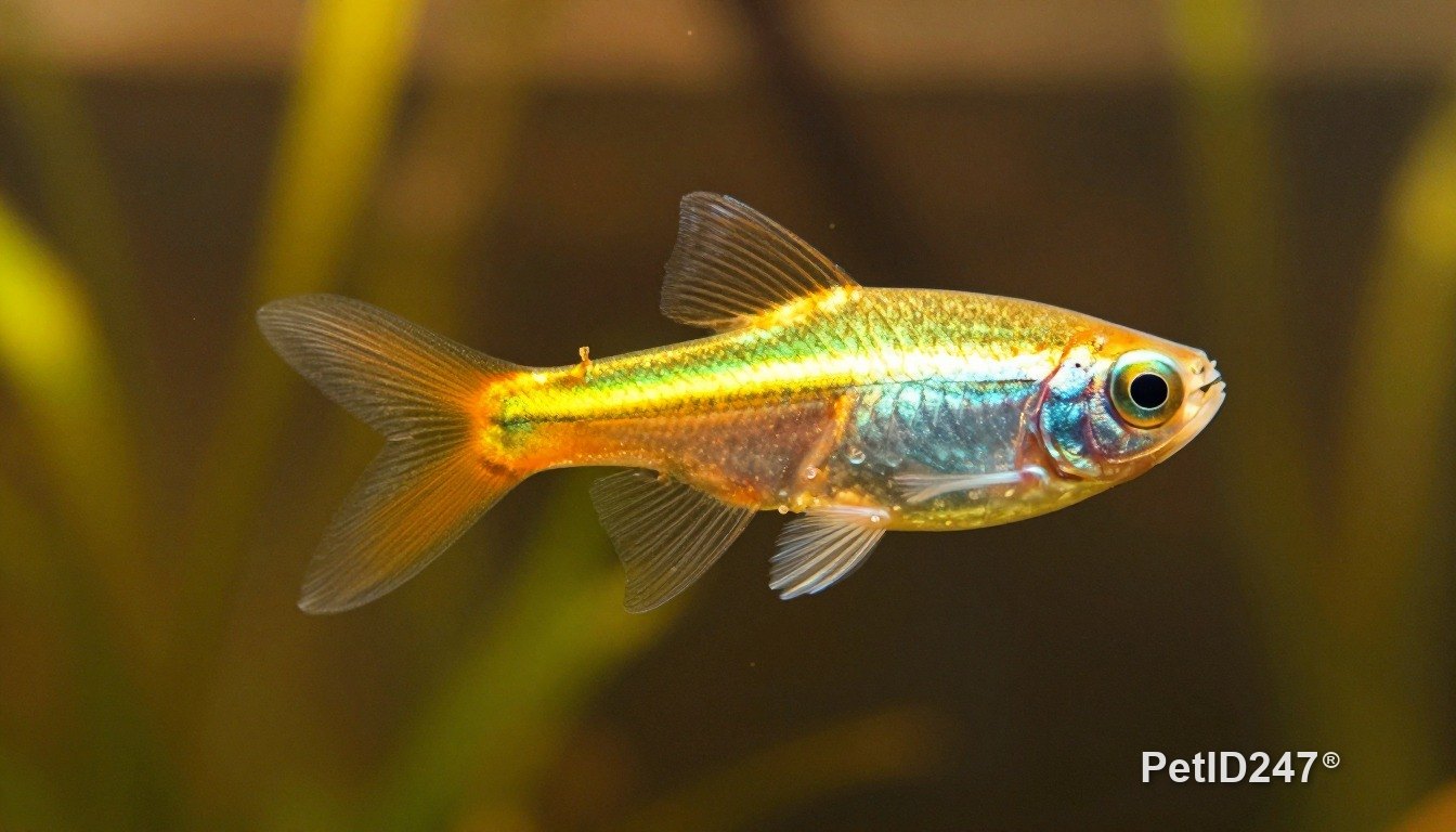 Neon tetra in a planted aquarium, golden hour