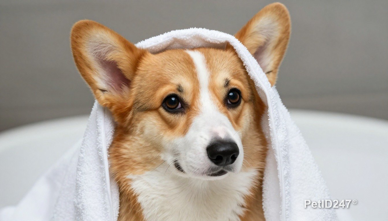 Corgi in a towel after a bath