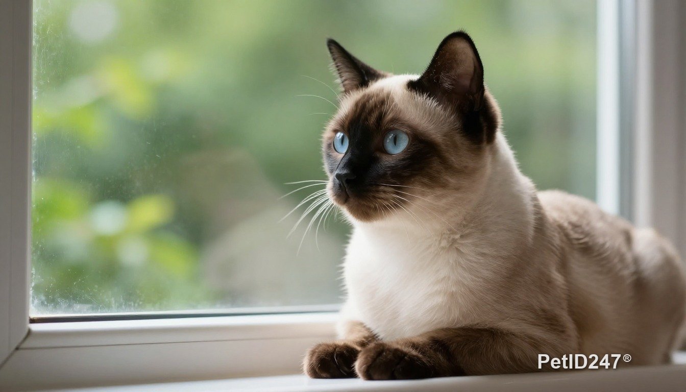 Siamese cat sitting by the window, morning light