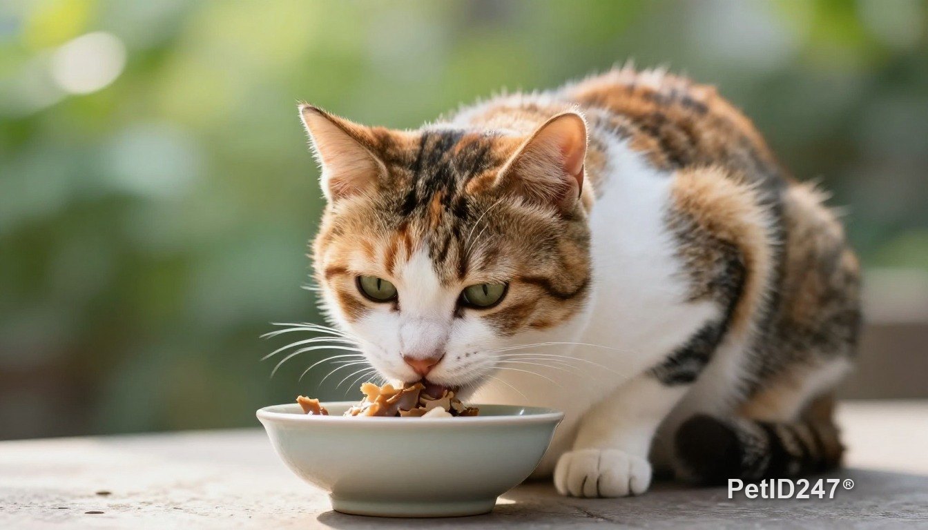 Calico cat eating from a bowl, morning light