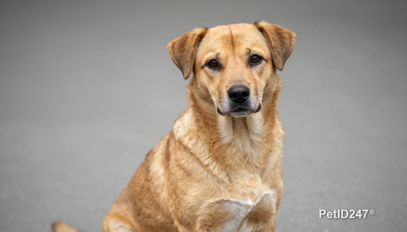 Mixed-breed dog sitting, looking at the camera
