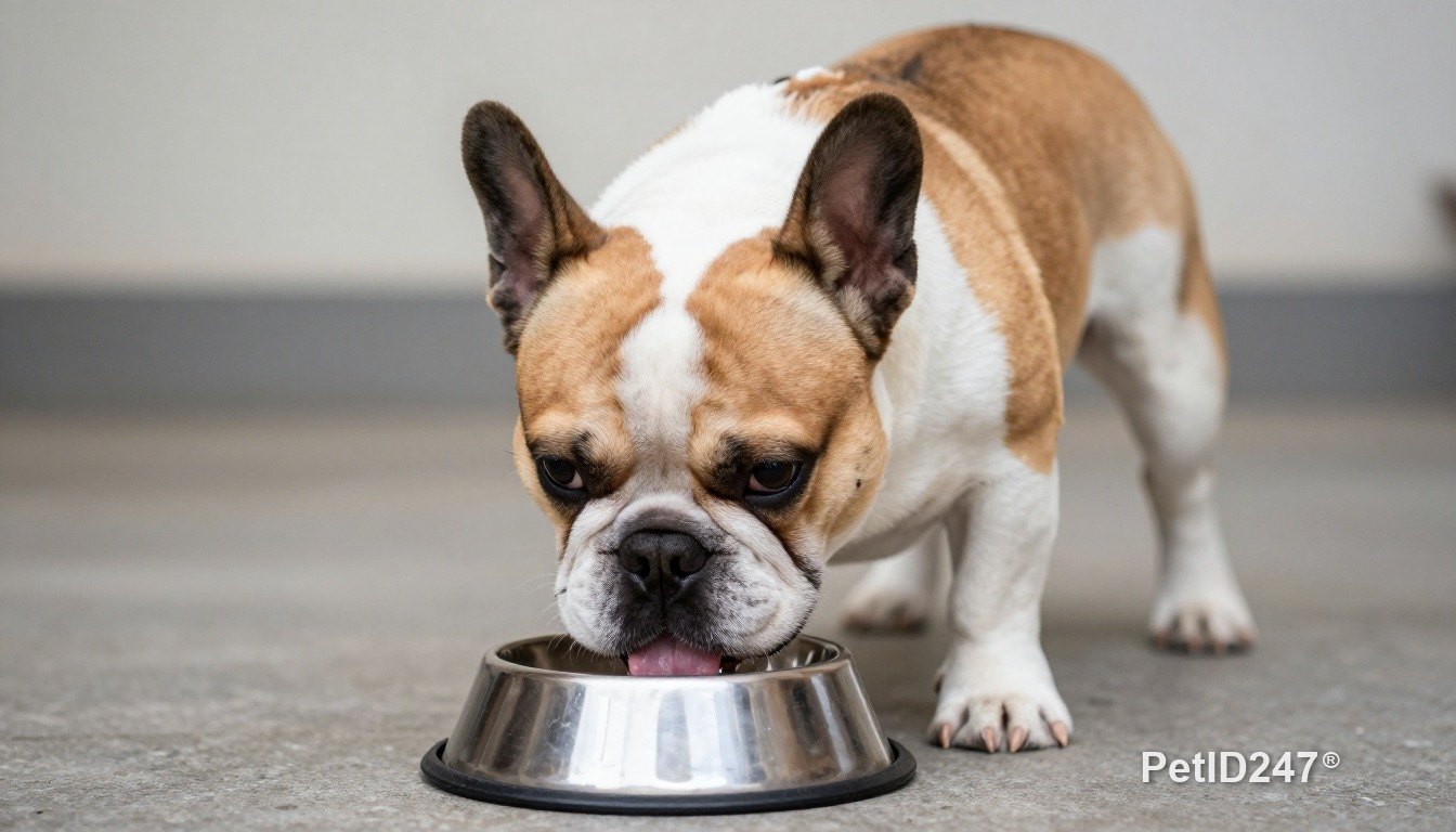French bulldog eating from a bowl