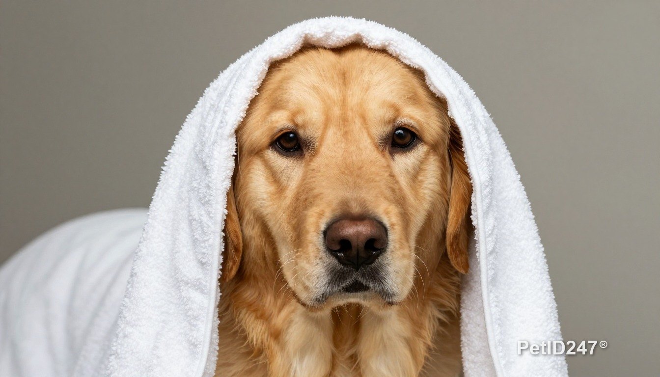 Chó golden retriever quấn khăn sau khi tắm