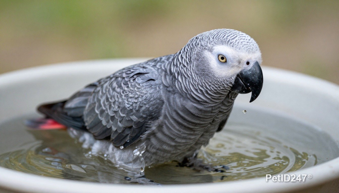 African grey parrot bathing