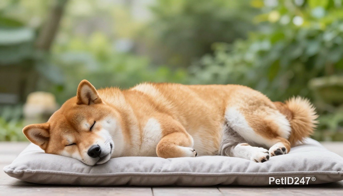 Chó shiba inu ngủ trên nệm, nắng sớm
