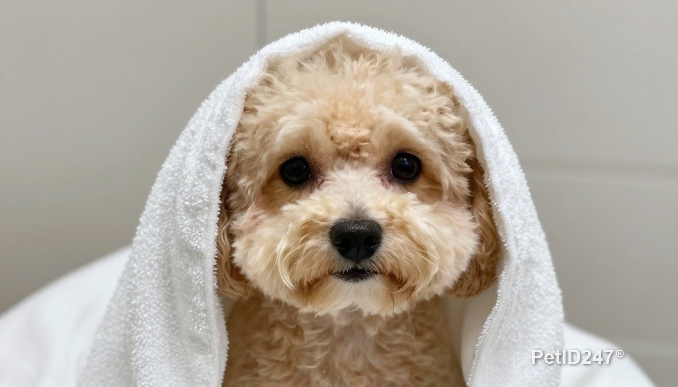 Toy poodle in a towel after a bath