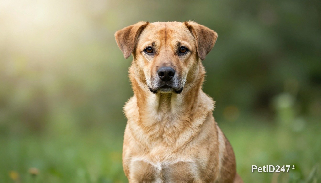 Mixed-breed dog sitting, looking at the camera, morning light